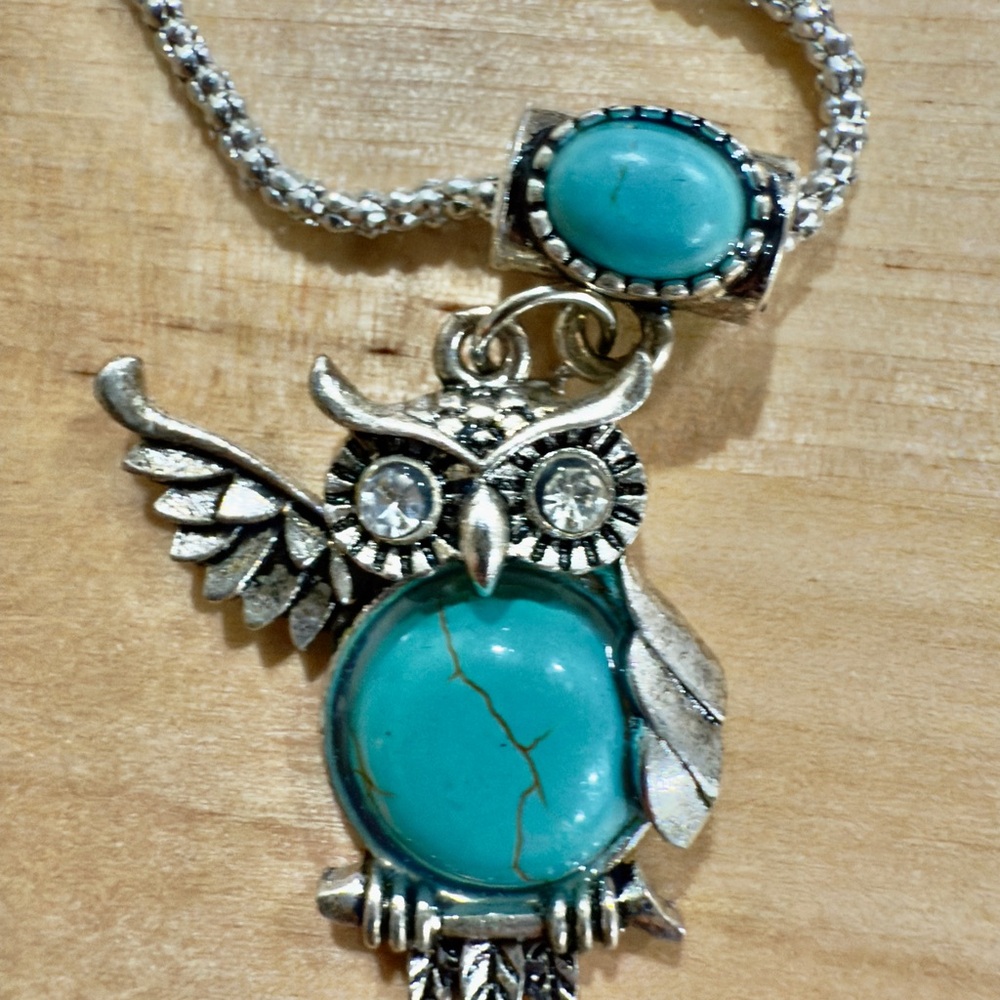 Silver Owl Pendant Necklace with Turquoise Accents